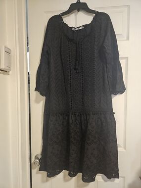 Black Eyelet With Sleeves Drop Waist Tunic Dress Boho